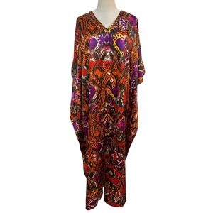 Vtg Beaded Ikat Kaftan Maxi Dress One Size Resort Boho Ms Roper Housecoat